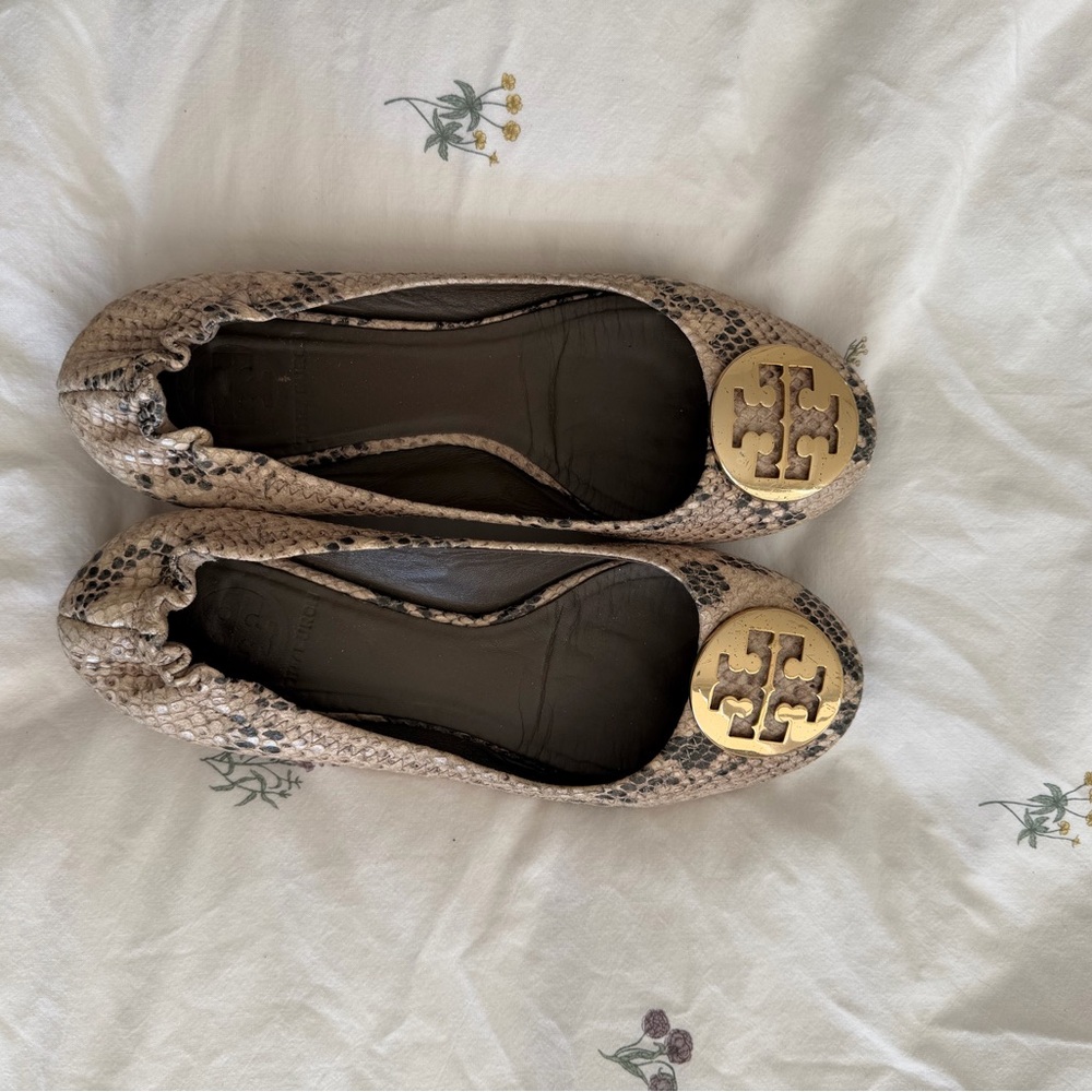 Tory Burch Snake-Print Leather Ballet Flats with Gold Logo